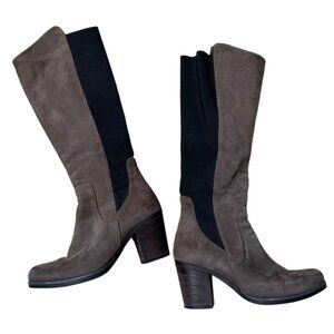 Bueno Suede Boots "Walt" Taupe Gray with Black Stretch Panels & 3-Inch Chunky He